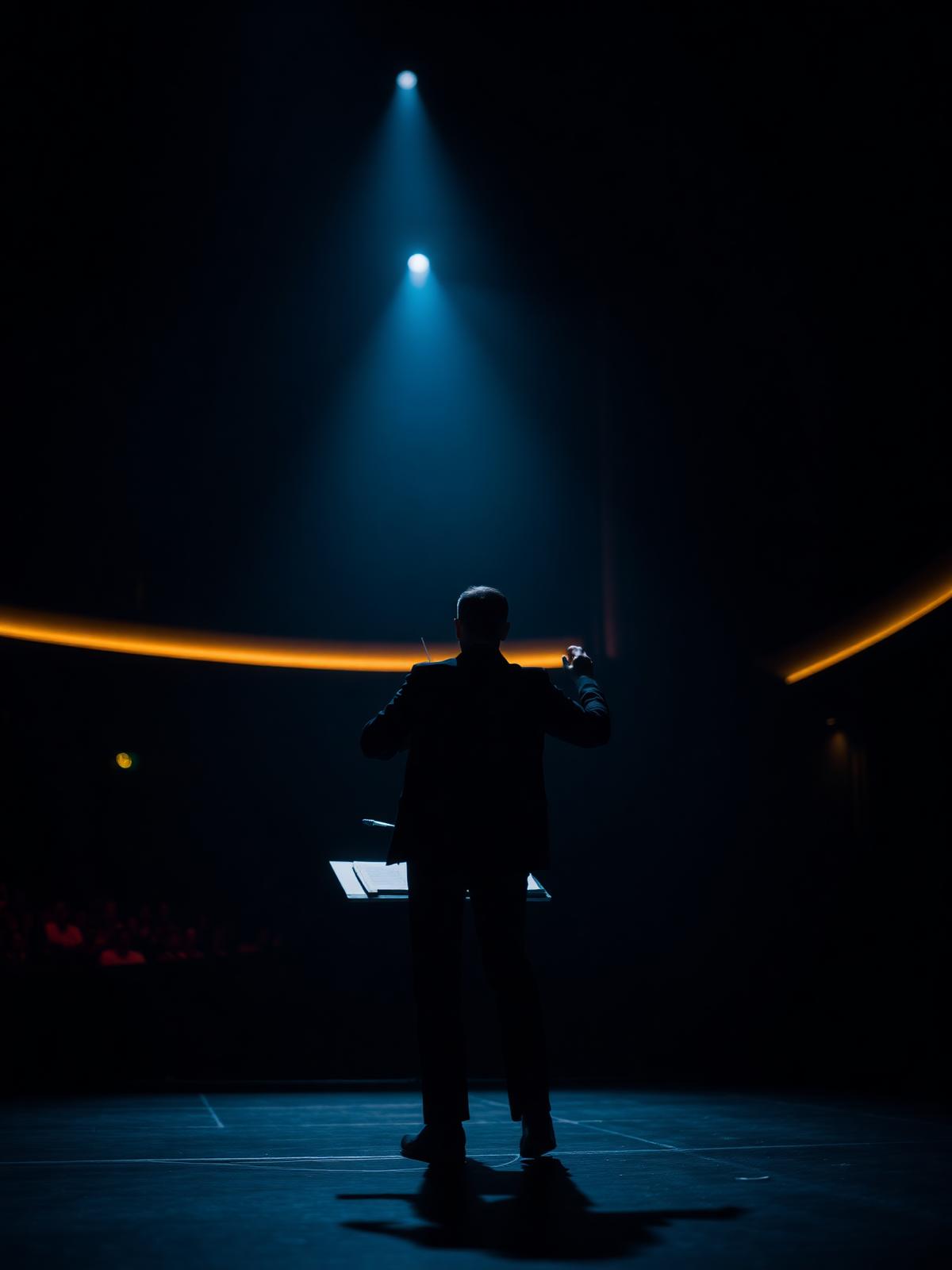 Cinematic silhouette of a conductor in a modern concert hall